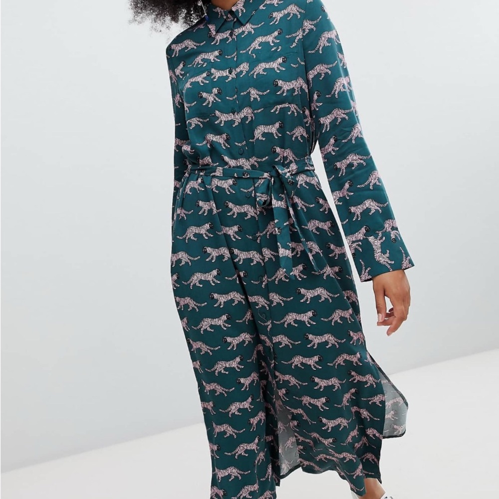 ASOS Teal Tiger Print Long Sleeve Dress